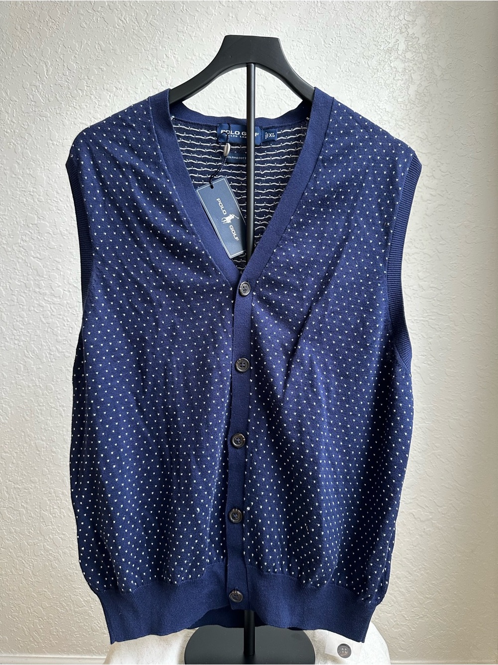 Ralph Lauren Navy Blue Dot Cotton V-Neck Button Men Vest XL